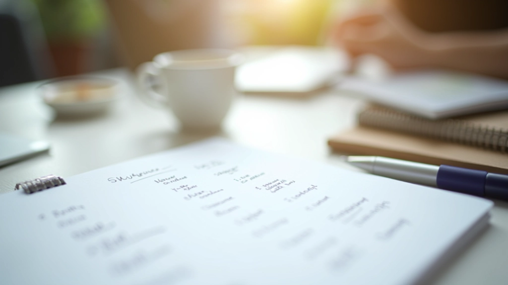 Strukturierter Plan auf Notizbuch mit Stift und Kaffee auf Schreibtisch