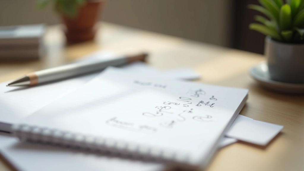 Notizblock mit Stift auf Schreibtisch, mit handschriftlichen Notizen und Kontaktinformationen