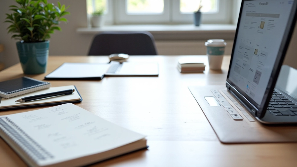 Schreibtisch mit Kalender, Notizbuch und digitale Kontakte auf Bildschirm