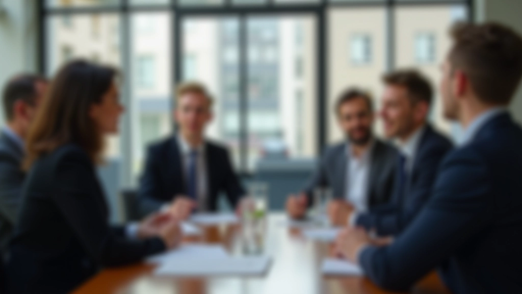 Team von Fachleuten sitzt in modernem Konferenzraum und führt Diskussionen