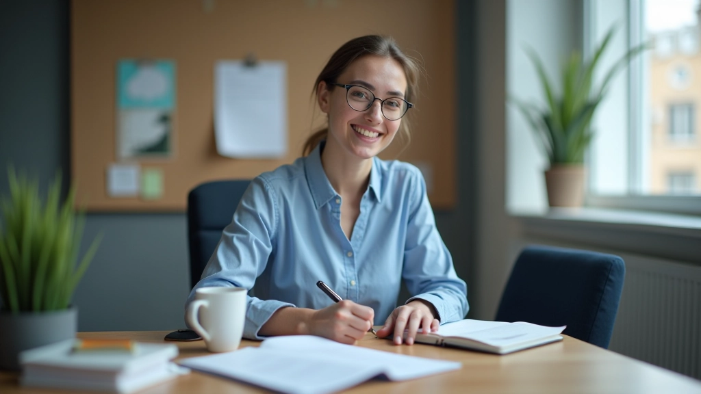 Person mit Notizbuch und Kaffee, organisiert Follow-up-Prozesse an einem Schreibtisch