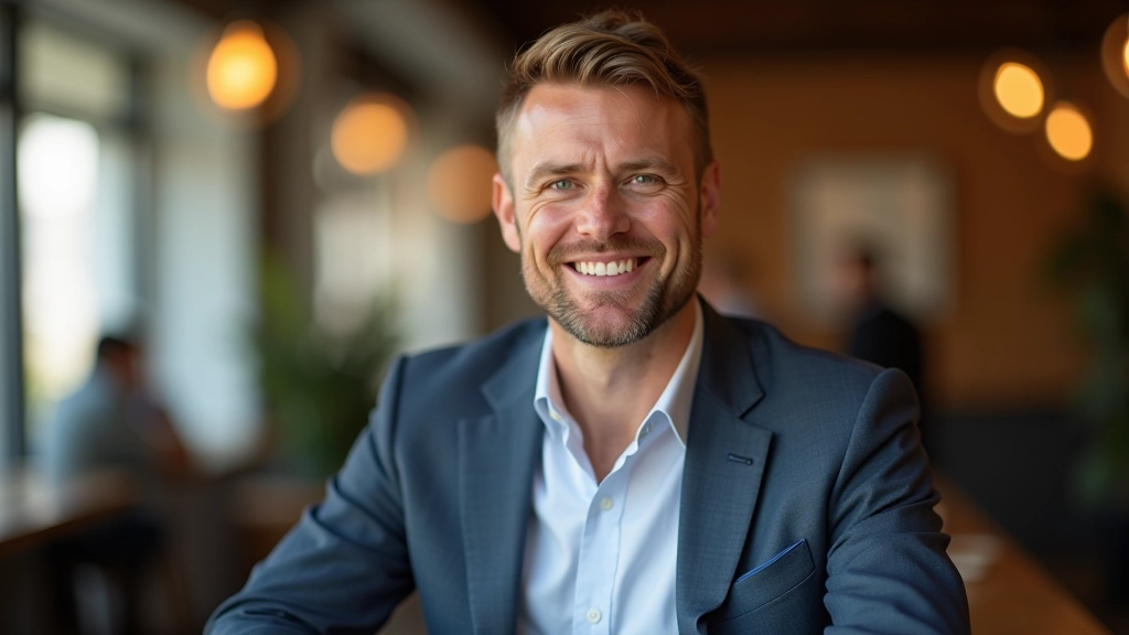 Person sitzt entspannt da, wirkt selbstsicher und natürlich, in einem offenen, einladenden Umfeld