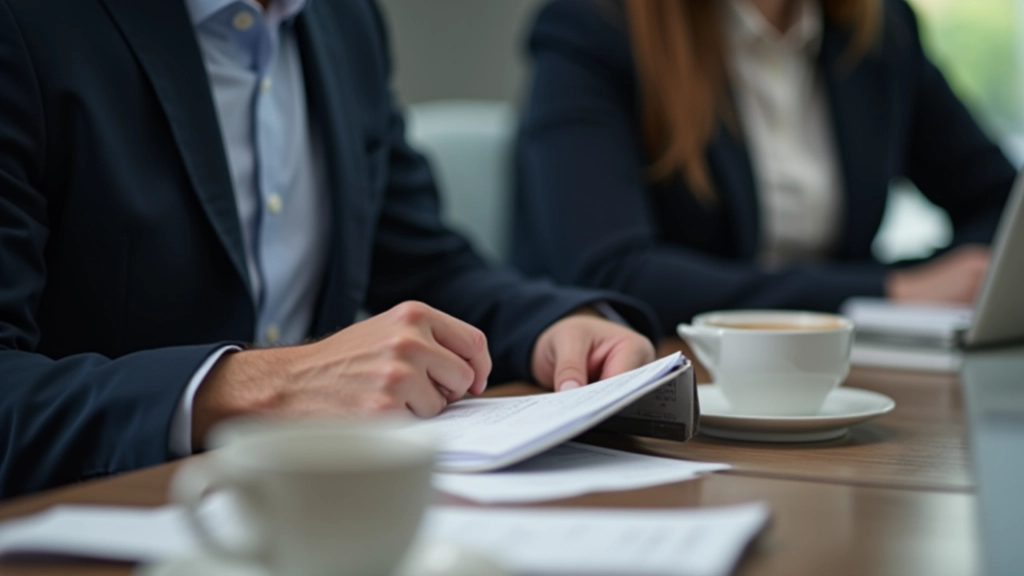 Person hält Notizblock auf Konferenztisch mit Namensschild und Getränk