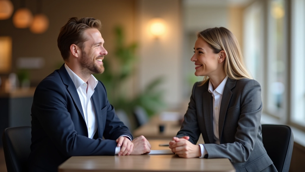 Zwei Profis führen offenes Gespräch im hellen Café mit Notizen und Getränken