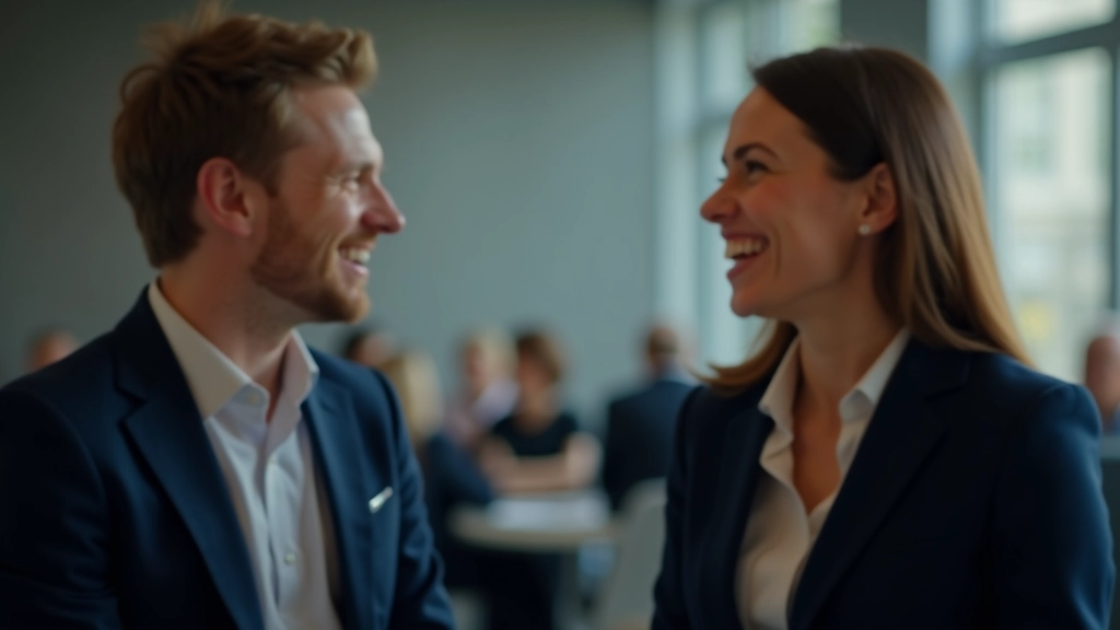 Zwei Personen in Business-Kleidung führen ein aufmerksames Gespräch auf einer Veranstaltung mit blurred Hintergrund