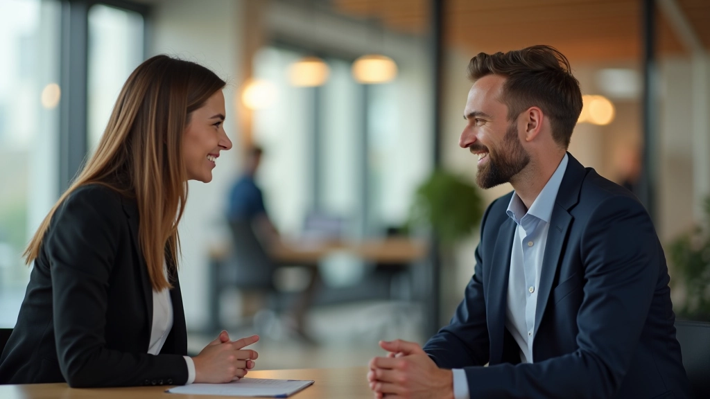 Zwei Menschen bei einem bedeutungsvollen Geschäftsgespräch in modernem Büro, freundlicher Augenkontakt