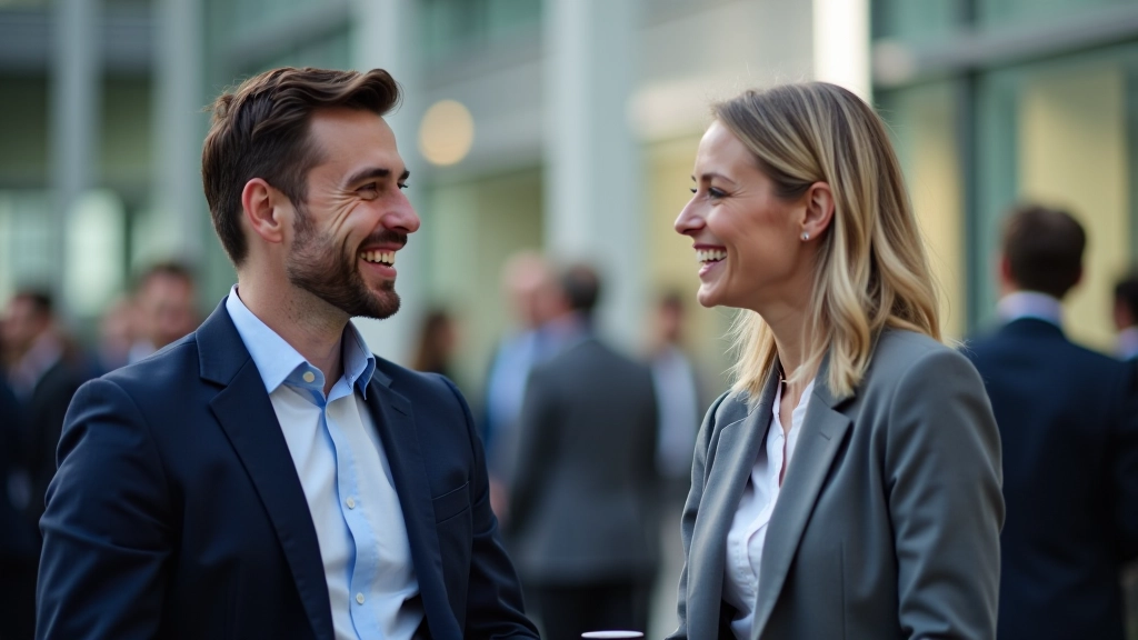 Zwei Geschäftsleute in professioneller Kleidung führen ein freundliches Gespräch auf einer Konferenz